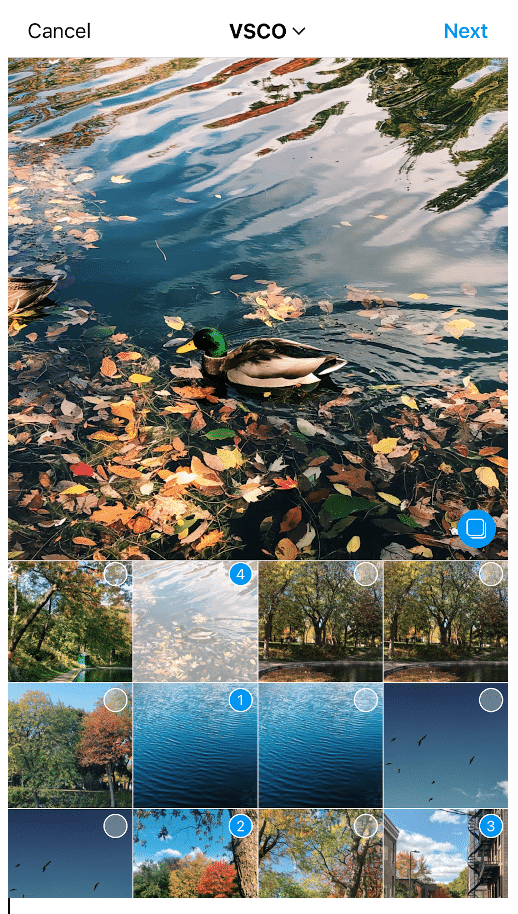 Wählen Sie bis zu 10 Fotos oder Videos in der Reihenfolge ihres Erscheinens aus