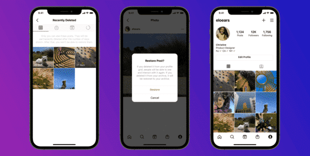 Instagram recently deleted folder; restoring Instagram post