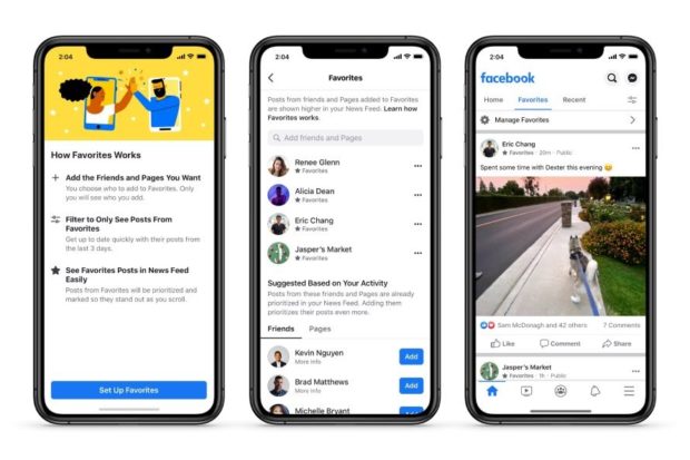 3 mobile screens showing how you can select Facebook contacts for Favorites