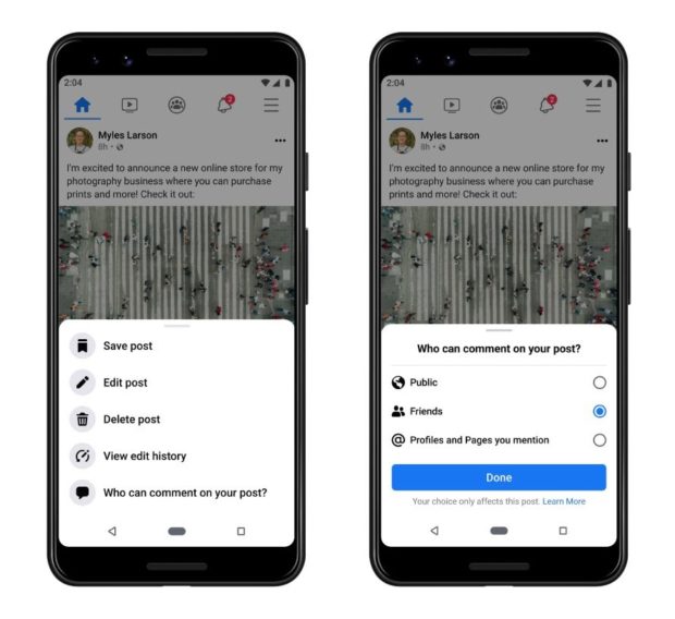 Mobile phone with menu allowing you to choose who can comment on your Facebook updates