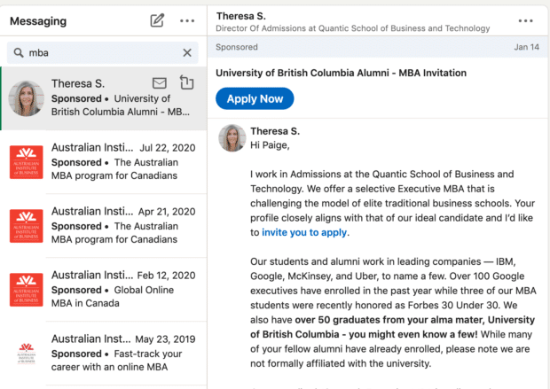 gesponserte Direktnachrichten bei LinkedIn