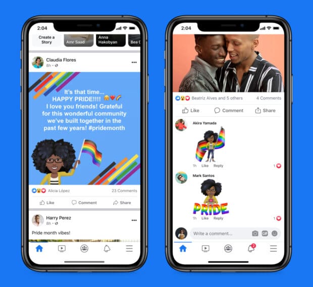 Two iphone screenshots of Facebook's dedicated Pride-themed designs: post backgrounds and avatars featuring rainbow flags