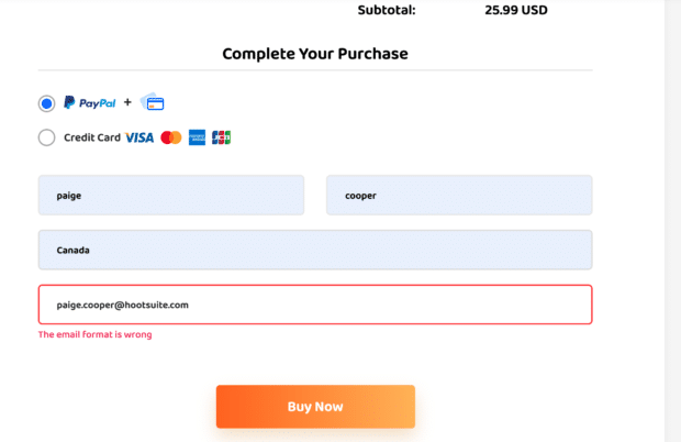 Error “el formato de su correo electrónico es incorrecto” en el servicio de GetInsta para comprar seguidores de Instagram