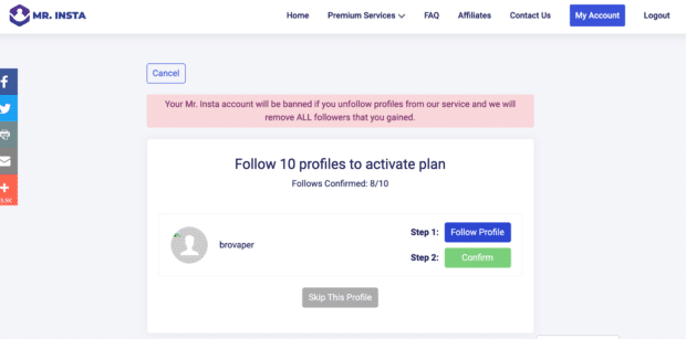 Mr. Insta te pide seguir 10 perfiles para activar tu plan de seguidores de Instagram.
