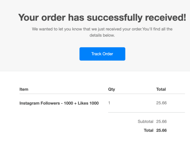 Recibo de la compra de seguidores