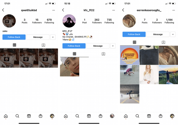 Ejemplos de seguidores falsos en Instagram