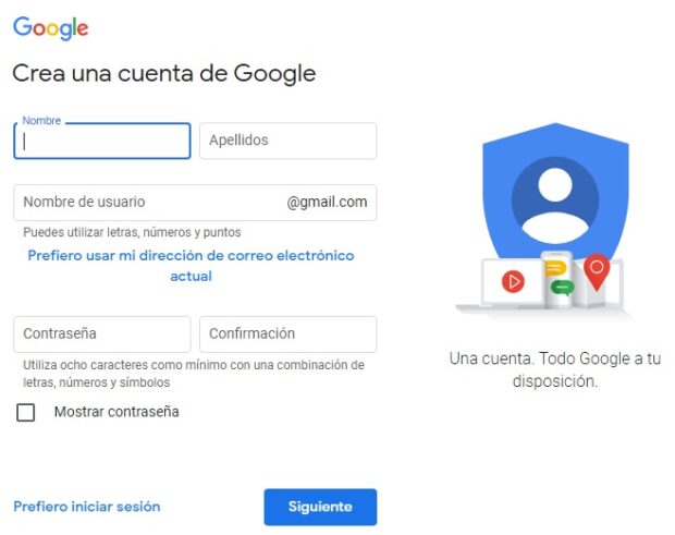 Página para crear una cuenta de Google