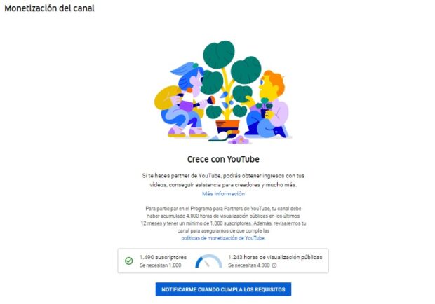 Captura de pantalla de la sección Monetización del canal de YouTube