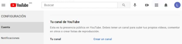 Página para crear un canal en YouTube