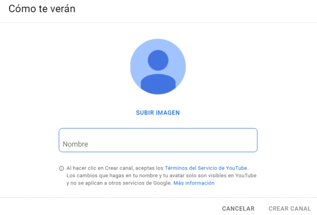 Página para crear un canal en YouTube
