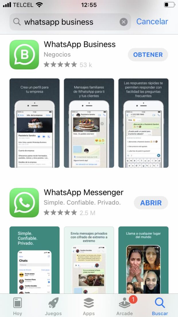 Pantalla de la AppStore donde se puede descargar la app de WhatsApp Business