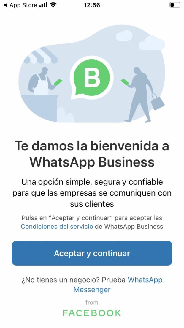 Pantalla de inicio para configurar una cuenta en WhatsApp Business 
