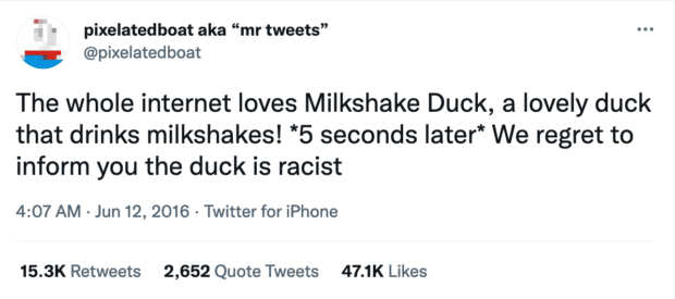 Der „Milkshake Duck“-Tweet von Pixelated Boat aus dem Jahr 2016