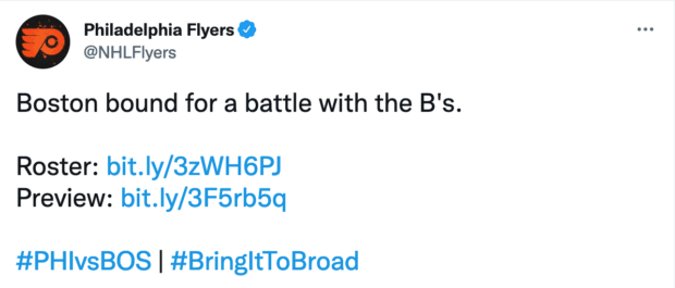 geschäftliche Tweets vom Team-Account der Philadelphia Flyers