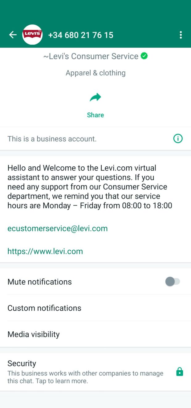 Perfil de atención a cliente de WhatsApp de Levi's.