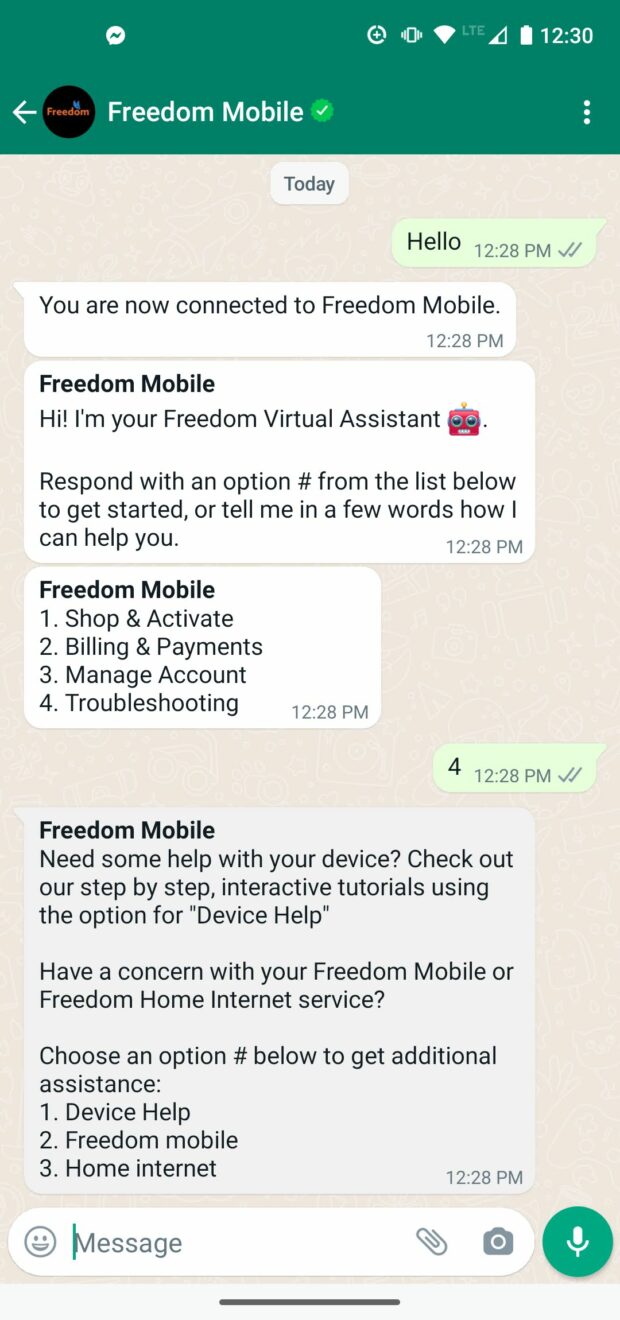 Servicio de atención al cliente del chatbot de WhatsApp de Freedom Mobile