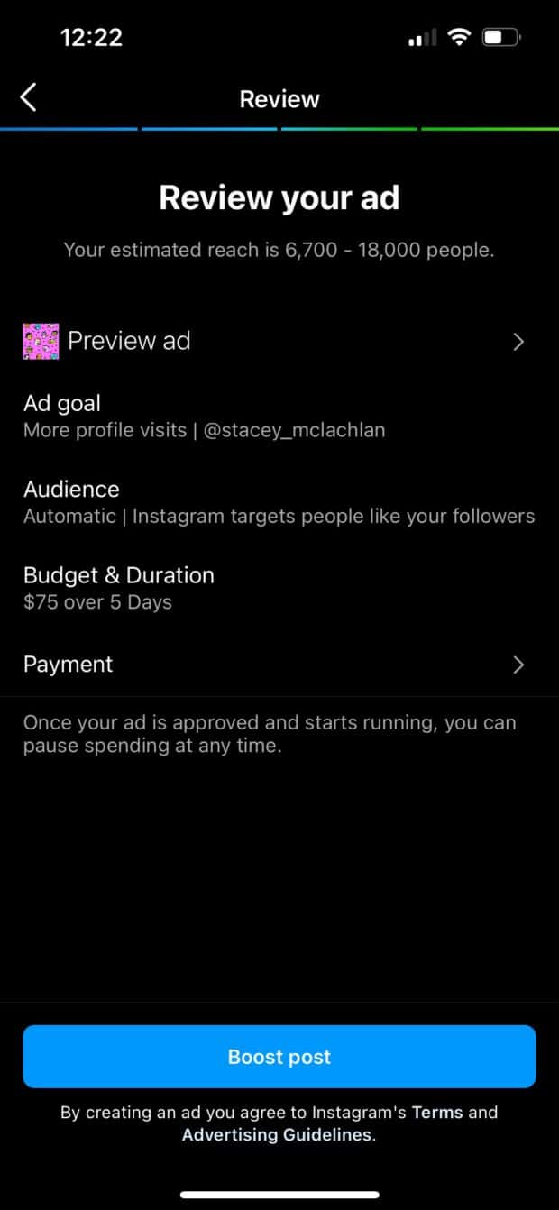 review your ad including estimated reach