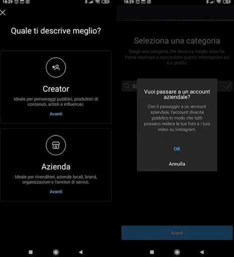 screenshot che mostra come passare a un Account Business su Instagram