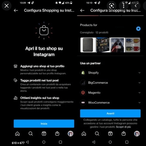  screenshot che mostra come creare un Instagram shop con prodotti taggati e approfondimenti
