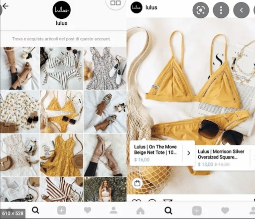 Pagina Instagram di Lulus vendita di capi intimi con tag