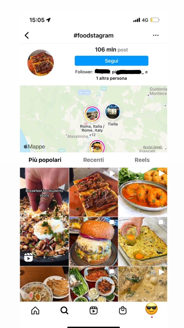 Screenshot che mostrano come trovare hashtag su Instagram seguiti dai tuoi follower 