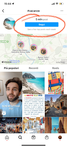 Il tasto da cliccare per seguire un hashtag su Instagram