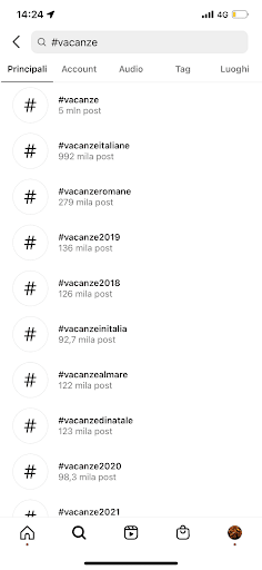 Screenshot che mostra come trovare gli hashtag di tendenza su Instagram