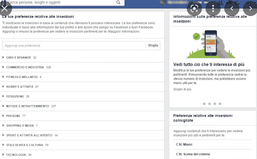 Configurazione degli annunci di Facebook - le preferenze gestiscono gli argomenti