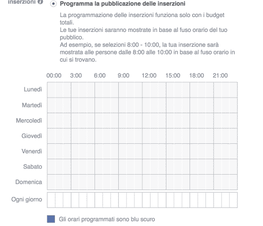Pianificazione di un annuncio di Facebook secondo la fascia oraria