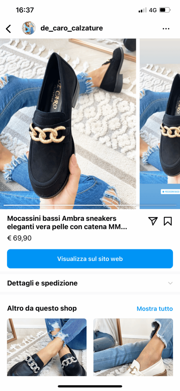 La Storia su Instagram di De Caro calzature che rimanda allo shop