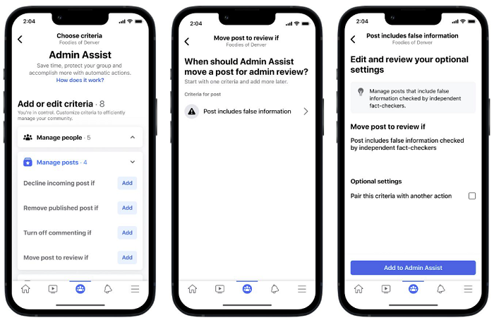 Examples of Facebooks's new Admin Assist feature