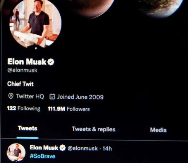 Picture of Elon Musk's Twitter profile the day he took over Twitter. His headline stats Chief Twit.