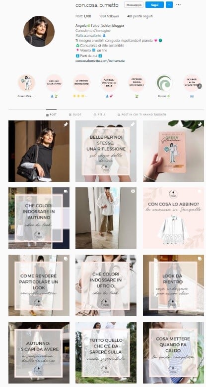 Una serie di immagini relative alla moda nella profilo Instagram di con.cosa.lo.metto