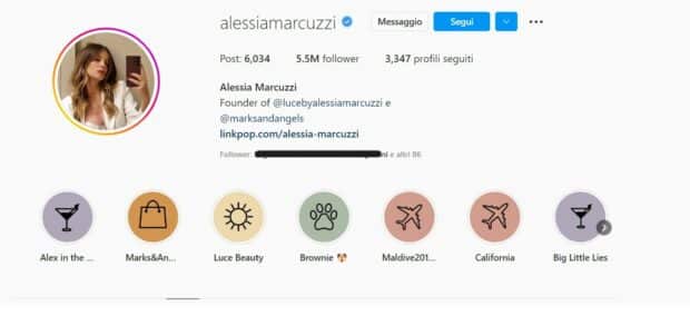 Il profilo personale di Alessia Marcuzzi, che ha 5milioni e mezzo di follower su Instagram con le storie in evidenza divise per argomenti 