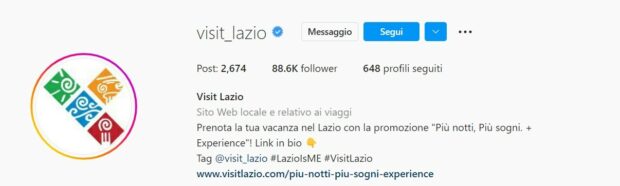 La biografia di Visit Lazio che ha quasi 89 mila follower su Instagram 