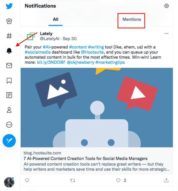Mitteilungen neben Glockensymbol auf dem Twitter-Profil anklicken