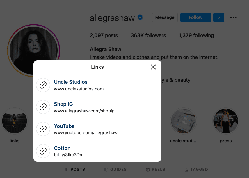 Allegra Shaw's Instagram profile showing the pop-up menu for multiple links in an Instagram bio