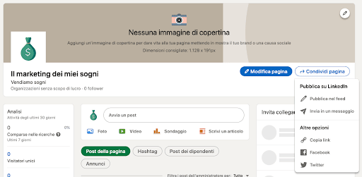 Pagina principale di un profilo aziendale su LinkedIn con il pulsante Condividi Pagina in fianco al pulsante Modifica Pagina.