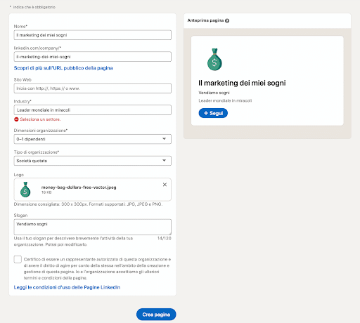 screenshot di come creare una pagina LinkedIn per il business