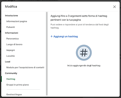 Pagina di linkedIn per il business che ti premette di scegliere degli hashtag significativi da una lista di argomenti