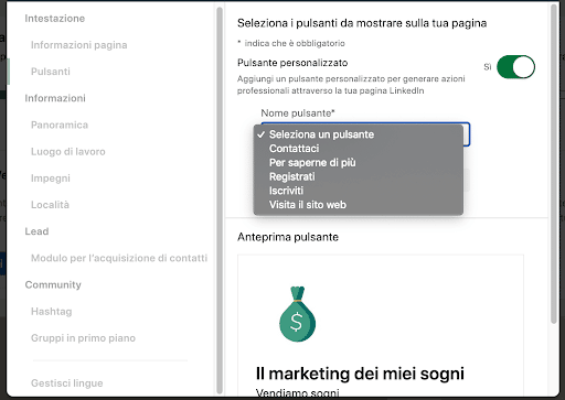 Seleziona i pulsanti customizzati da mostrare sulla pagina Linkedin per il business