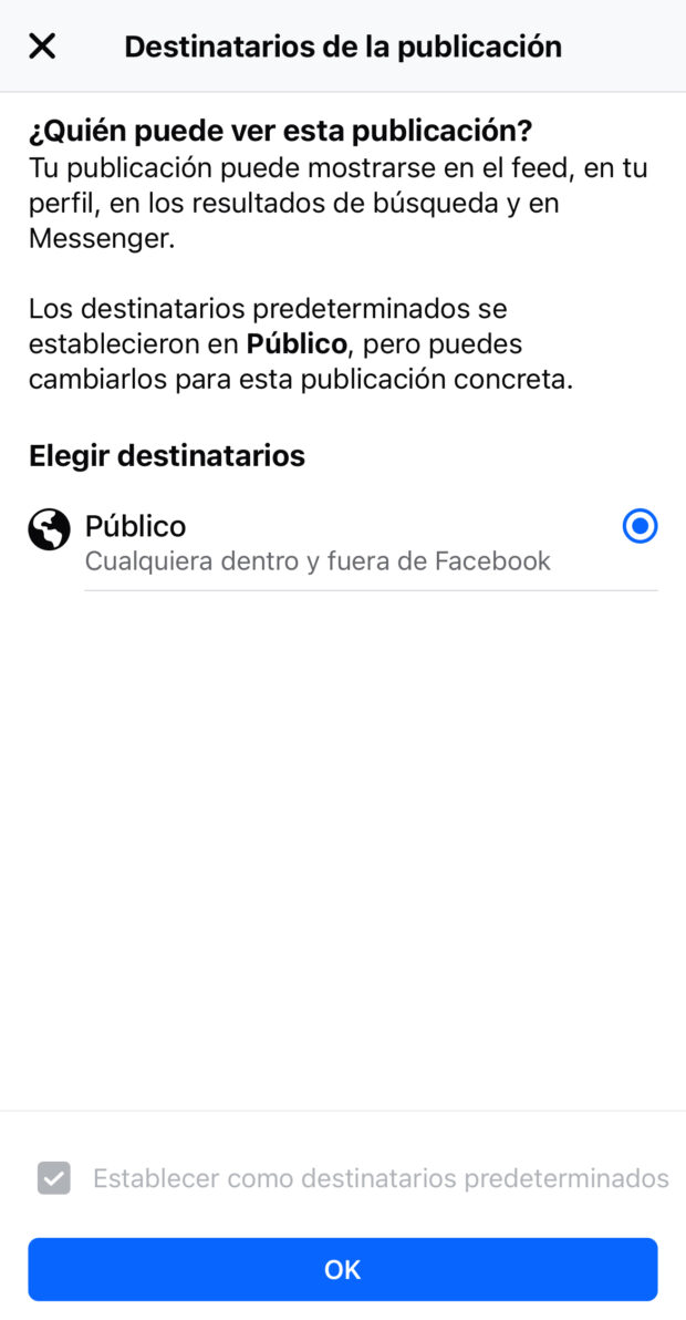 privacidad de la audiencia de la publicación establecida como pública
