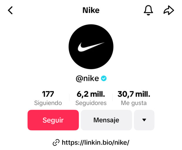 Perfil de Nike en TikTok