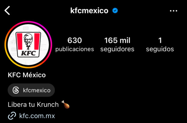 Perfil de Instagram de KFC México