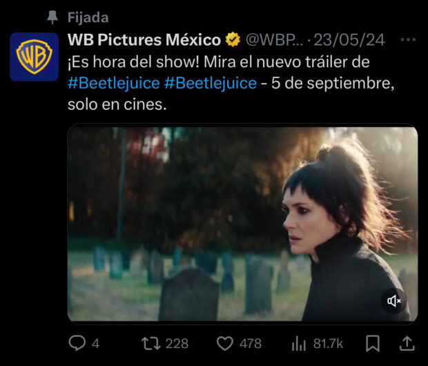 Tweet fijado de Hootsuite @WBPictures_Mx