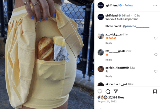 girlfriend yellow shorts with bread and butter tucked at leg