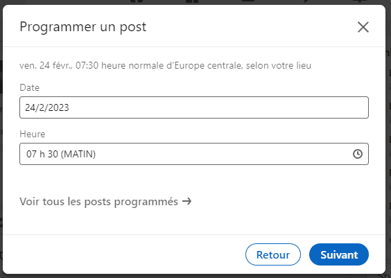 outil de planification LinkedIn : choisir une date et une heure