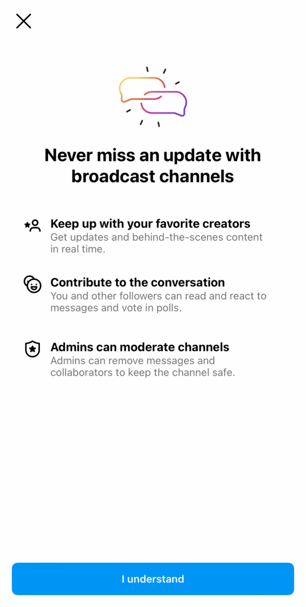 pop-up message about instagram broadcast channels explaining the new feature's benefits