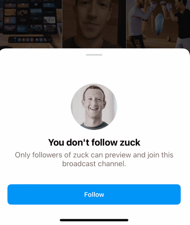 Prompt to follow Mark Zuckerberg to join broadcast channel