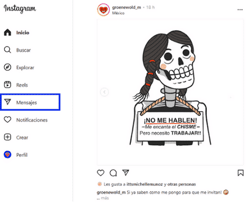 ícono de mensajes en el panel a mano izquierda en la página web de Instagram
